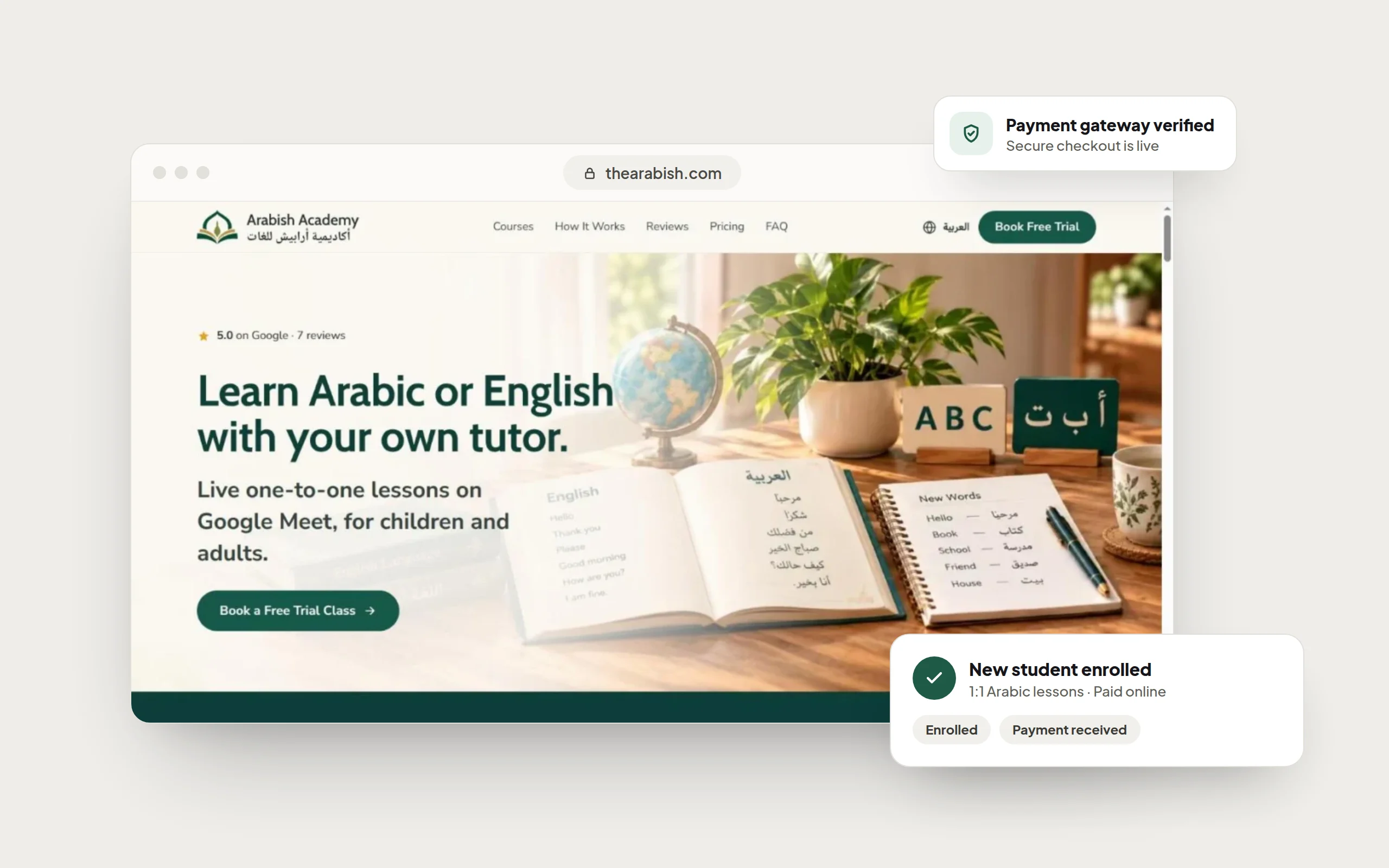 Arabish Academy website with secure online payments and student enrollments