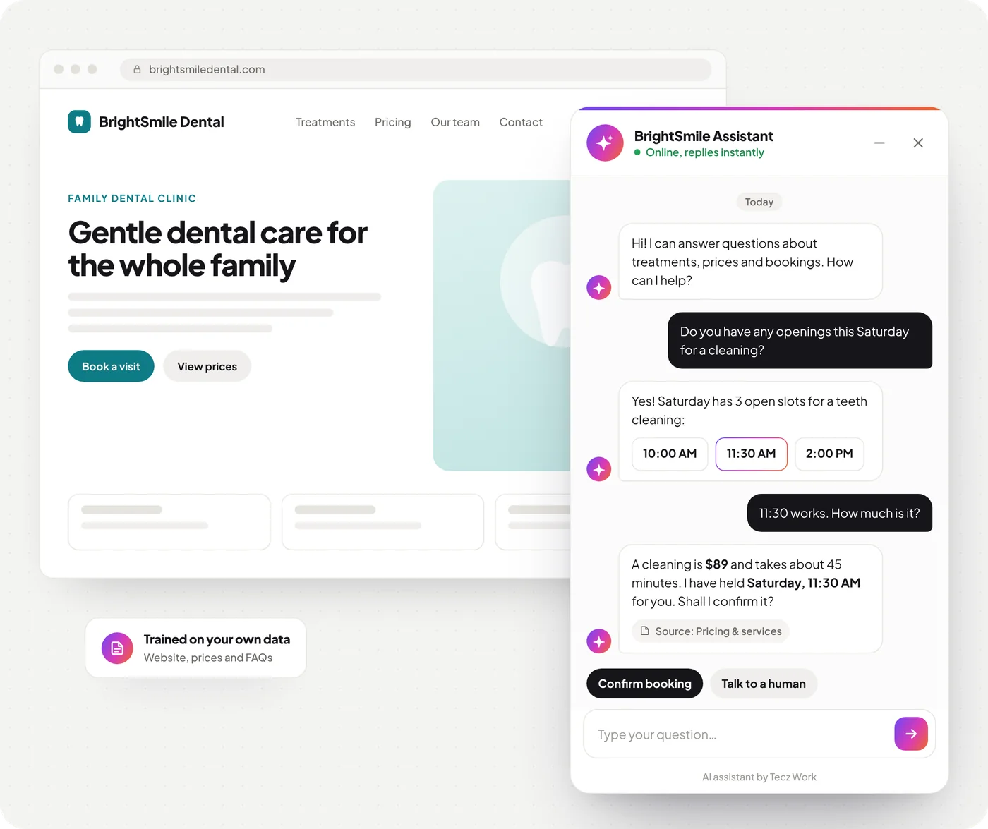 Example AI chatbot on a dental clinic website answering a visitor’s questions